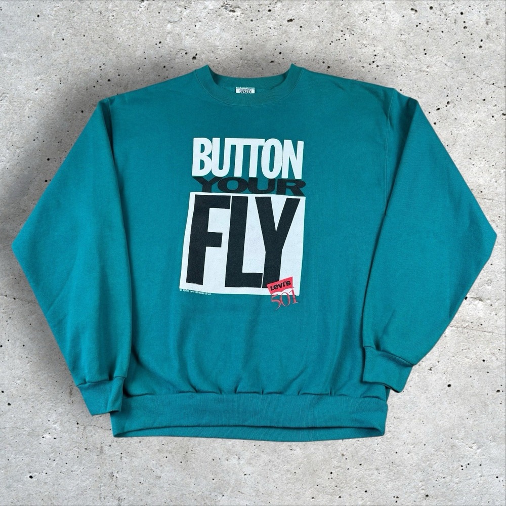 Vintage Levi's Button Your Fly Crewneck Sz XL Levi Strauss 90s 501 Teal Blue